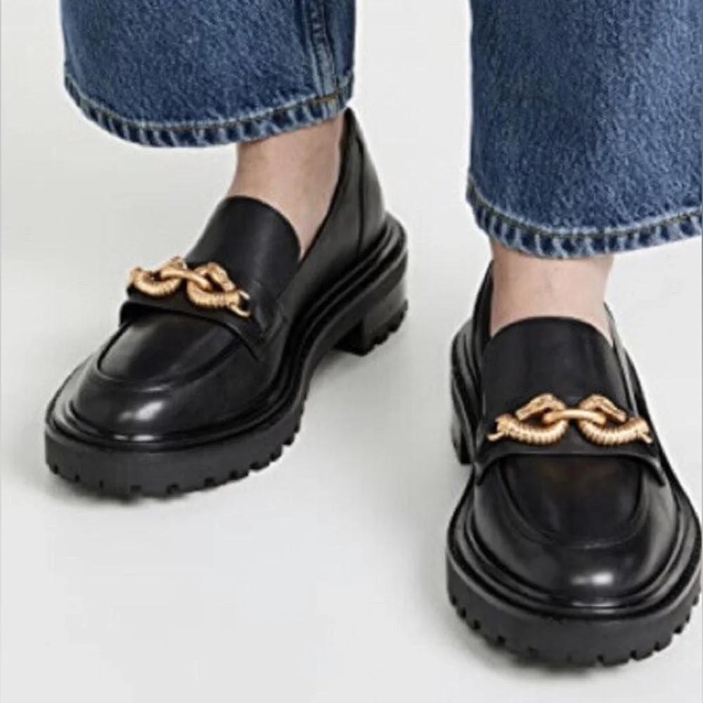 Tory Burch Jessa Lug Sole Loafers – Black Leather, Gold Horsebit, Size 7